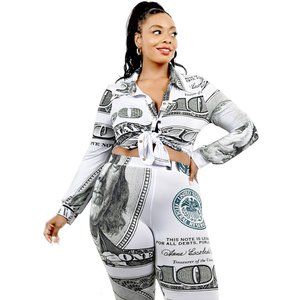 Plus Size Leggings Set Money Print Two Piece and Top